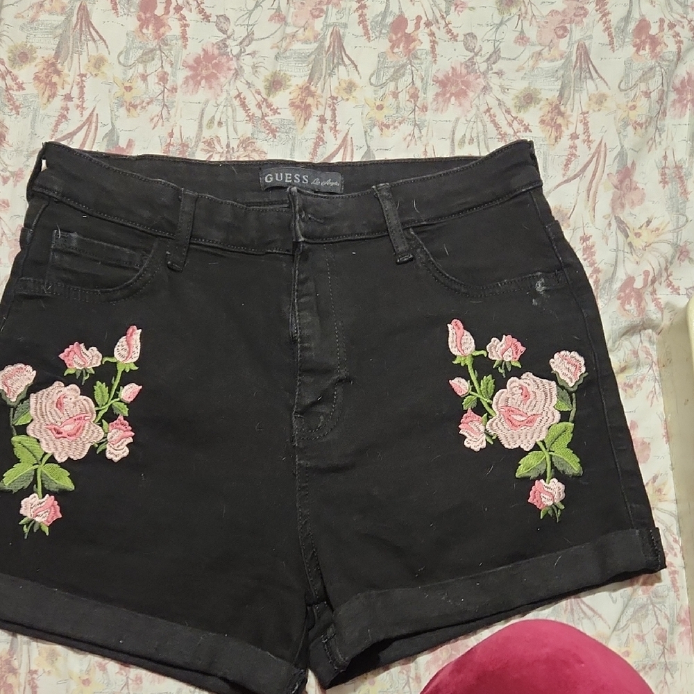 Guess Floral Embroidered Black and Pink Jean Shorts